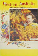 c1960s travel posters, "VISIT WESTERN AUSTRALIA. Floral Emblem of WESTERN AUSTRALIA..." showing a Kangaroo Paw flower in front of the Perth skyline; "Western Australia. THE WILD FLOWER STATE. CHRISTMAS TREE (Nuytsia Floribunda)"; "BRITAIN". depicting chil - 2