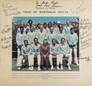 1971-72 WORLD XI TEAM, colour photograph "World XI Team, Tour of Australia 1971-72", with 11 signatures on mount including Gary Sobers, Tony Greig, Sunil Gavaskar & Bob Taylor.