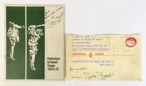1972-73 PAKISTAN TOUR TO AUSTRALIA & NZ: Booklet "Pakistan Cricket Team 1972-73" with 19 signatures inside; plus 11 Feb.1973 Telegram to Mushtaq Mohammad in Cristchurch "Congratulations on Double and Match, Ammi Raees", signed by Mushtaq Mohammad.