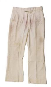 DENNIS LILLEE, cricket trousers signed & endorsed "To Jack Ryder, My flannels used in 2nd Test Eden Park 1977, 11 Test wickets for the Match. Good luck Jack, Dennis Lillee". [Dennis Lillee played 70 Tests & 63 ODIs 1971-84].