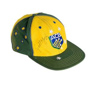 GEOFF MARSH'S AUSTRALIAN ONE-DAY CAP, yellow & green with embroidered "ACB" logo on front, signed on front by Geoff Marsh. [Geoff Marsh played 117 ODIs 1986-92].