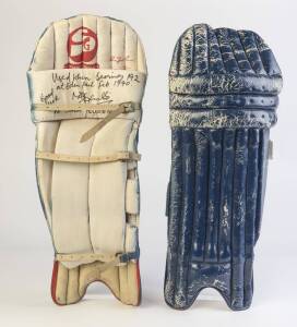 MOHAMMAD AZHARUDDIN, pair of dark blue Cricket pads, one endorsed inside "Used when scoring 192 at Eden Park Feb 1990. Good Luck. Mohammad Azharuddin. To Jack Ryder". [Mohammad Azharuddin played 99 Tests & 334 ODIs for India 1984-2000].