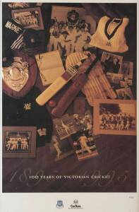 "100 Years of Victorian Cricket" poster signed by Shane Warne, framed & glazed, overall 54x79cm.