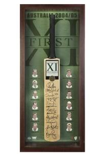 2004-05 AUSTRALIAN TEAM, display "First Eleven, Australia 2004/05", comprising full size Cricket Bat with 12 signatures including Ricky Ponting, Adam Gilchrist, Glenn McGrath, Brett Lee & Shane Warne, in wood/perspex display case, overall 51x105cm. Limite