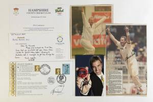 SHANE WARNE, group of items signed whilst playing for Hampshire, noted signed cover commemorating 600 Wickets (first time in history of Test Cricket); signed postcard; signed newspaper pictures (2). 