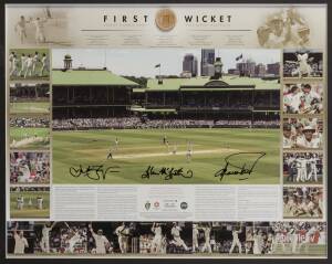 2006-07 AUSTRALIAN TEAM: "First Wicket" display signed by Shane Warne, Glenn McGrath & Justin Langer, includes section taken from one of the cricket stumps used in the first Test, limited edition 236/350, framed & glazed, overall 64x75cm. With CoA.