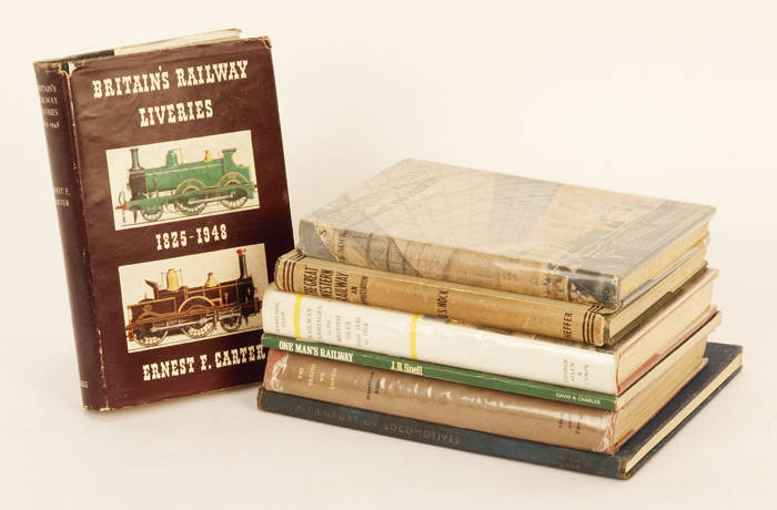 BRITISH BOOKS. A nice collection of better titles, including many early volumes, mainly hard covers. Noted: "The Beauty of Old Trains" by Ellis, "Britain's Railway Liveries 1925-1948" by Carter; "The First Passenger Railway" by Lee; "Our Iron Roads" by Wi