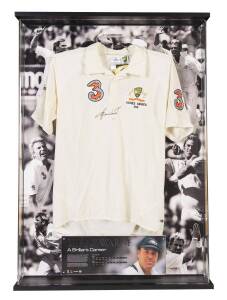 SHANE WARNE: "A Brilliant Career" display comprising signature on replica Test shirt, limited edition 216/250, mounted in attractive display case, overall 79x108cm. With CoA.