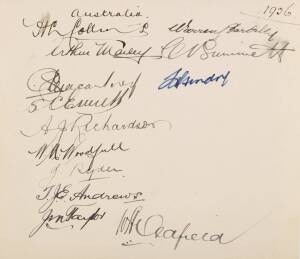 1926 AUSTRALIAN TEAM, autograph page with 13 signatures including 4 Australian Test captains - Herb Collins, Warren Bardsley, Jack Ryder & Bill Woodfull.