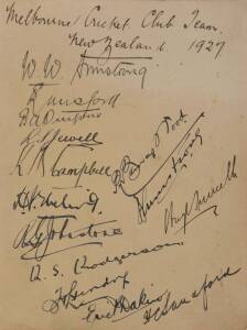 1927 Melbourne Cricket Club tour to New Zealand, autograph page with 14 signatures including Warwick Armstrong, Vernon Ransford & Hugh Trumble.