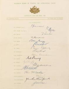 1956 Australian team, official team sheet with 17 signatures including Ian Johnson, Keith Miller & Richie Benaud. [The famous 4th Test where Jim Laker took all 10 wickets in the 2nd innings and 9 in the 1st Innings. Match total 19 for 90 - still the world