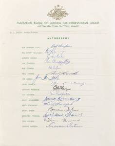 1966-67 Australian team to South Africa, official team sheet with 16 signatures including Bob Simpson, Ian Chappell & Bill Lawry.