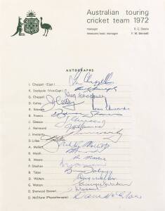 1972 Australian team to England, official team sheet with 19 signatures including Ian Chappell, Dennis Lillee & Bob Massie. [This was later known as the Bob Massie tour. He debuted with 8 wickets in each innings for Australia at Lords - 16 for the match. 