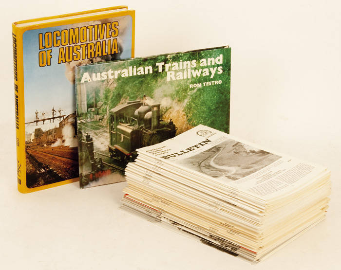 Magazines: ARHS "BULLETIN", 130+ copies 1972-1986. Also: 6 Australian books. Noted: "Locomotives of Australia" by Oberg; "Locomotives of the Commonwealth Railways" by Fluck, Marshall & Wilson; "700" by Colouhoun, Steiwien & Thomas.