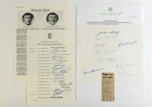 1973 New Zealand team to UK, official team sheet with 16 signatures including Bevan Congdon, Glenn Turner & Richard Hadlee; plus Old Australia team sheet (played Old England on eve of 1980 Centenary Test) with 9 signatures including Keith Stackpole, Barry