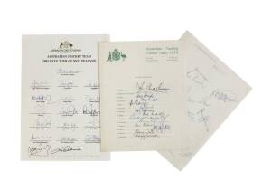 AUSTRALIA: Official team sheets for 1974 tour to NZ (scarce) & 1993 tour to NZ; plus page signed by 1977 team to NZ. (3 items).