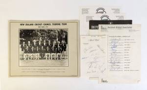 NEW ZEALAND: Group with hotel letterhead signed by c1976 team; team sheets for 1983, 1984 3rd Test & 1992 World Cup (2); plus team photograph 1972 tour to West Indies. (Total 6 items).