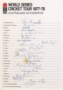 1977-78 Australian Team, official WSC team sheet with 25 signatures including Ian Chappell (captain), Greg Chappell, Doug Walters & Dennis Lillee. Scarce. 