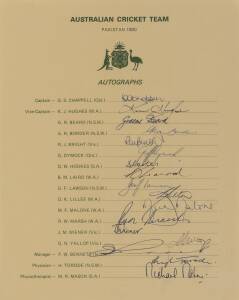 1980 Australian Team to Pakistan, official team sheet with 17 signatures including Greg Chappell, Kim Hughes, David Hookes & Dennis Lillee. Good condition.