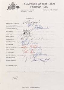 1982 Australian team to Pakistan, official team sheet with 15 signatures including Kim Hughes, Allan Border & Jeff Thomson. Scarce sheet.