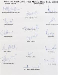 1993 India team v Zimbabwe in New Delhi, official team sheet with 15 signatures including Mohd Azharuddin, Sachin Tendulkar & Kapil Dev. [Scarce - this was the first Test ever played in India between the two nations. India won by an innings and 13 runs].