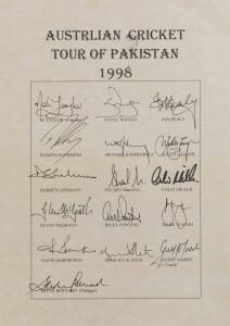 1998 Australian team to Pakistan, team sheet with 16 signatures including Mark Taylor, Steve waugh & Glenn McGrath. [This was the tour where Mark Taylor joined Bradman with an innings of 334*. He also scored 92 in the second innings. Australia won the ser