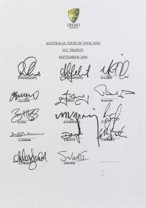 2004 Australian team to ICC Champions Trophy in England, official team sheet with 14 signatures including Ricky Ponting, Adam Gilchrist & Glenn McGrath.