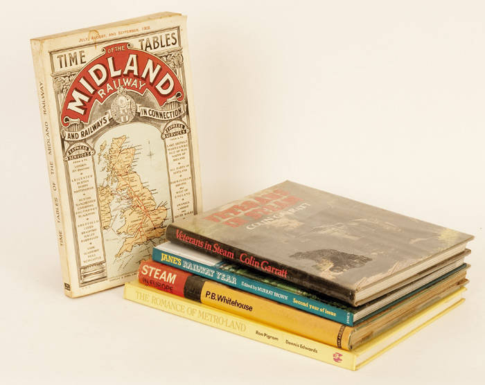 Books, mainly British but a couple of other European. Noted: "The Brill Tramay" by Simpson; "The Gotthard Railway" by Marti & Trub; "Great Western Railway Timetable of 1865", reprint; "The Later Years of Metropolitan Steam" by Casserley; "Timetables of th