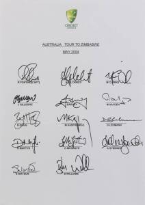 2004 Australian team to Zimbabwe, official team sheet with 14 signatures including Ricky Ponting, Adam Gilchrist & Glenn McGrath.