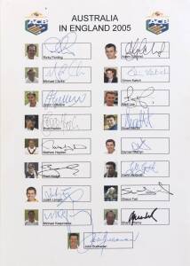 2005 Australian team to England, team sheet with 17 signatures including Ricky Ponting, Adam Gilchrist & Shane Warne.