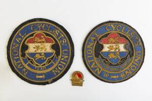 NATIONAL CYCLISTS UNION (GB): Pair of wire-embroidered badges, "National Cyclists Union/ Team" & "National Cyclists Union/ 1946/ Nat. Team Pursuit Champion"; plus badge "Renowned The World Over/ (Lion)/ Phillips/ Cycles".