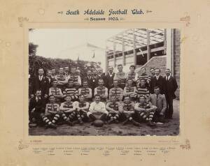 SOUTH ADELAIDE: Original photograph "South Adelaide Football Club, Season 1903", with players names on mount, includes a very young Jack Tredrea, overall 45x35cm. Fair/Good condition, would look great framed.