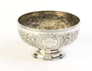 BEECHWORTH FOOTBALL CLUB: Silver-plated rose bowl, 19cm diameter, engraved on one side"Premiers 1912-13-14", and engraved on opposite side "Pres to, Harold Walker, by the members & supporters of the Beechworth Football Club, 22-9-14". Very attractive foot