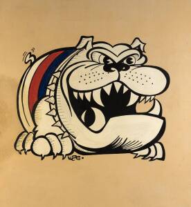 FOOTSCRAY/ WESTERN BULLDOGS: Weg bulldog, hand-painted on board, overall 93x115cm. Believed to have been painted by Weg for a shop.