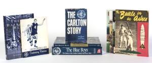 CARLTON, books (6) including "The Blue Boys" by Hansen [Melb, 2002]; "The Carlton Story" by Buggy & Bell [Melb, 1958]; "The Old Dark Navy Blues" by Frost [Sydney, 1998]; "Football Record"s (2) with 1969 Grand Final; 1953 cricket guide.  