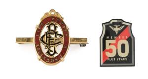 ESSENDON: 9ct gold & enamel "Life Member/ Essendon F.C." medal, engraved on reverse (?)L.Ward..1962-197(?)", turned into a badge, so part of engraving covered. Also "Member 50 Plus Years" badge.