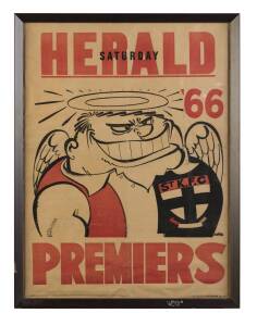 ST.KILDA: 1966 original Weg poster in fair condition, framed with Weg's signature on frame; plus 1966 Grand Final "Football Record" St.Kilda v Collingwood; and commemorative Vintage Port (Bottle number 073).