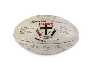 ST.KILDA: White "Lyre Bird" Football, hand-painted with "Season 1966 - VFL Premiers" with St.Kilda logo, Grand Final scores and players names. Rare original souvenir.