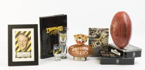 RICHMOND: Collection noted signed football with 27 signatures including Royce Hart, Kevin Bartlett & Tommy Hafey; book "Tigerland - The history of the Richmond Football Club from 1885"; Jim Beam Tigers decanter (empty); cuff-links, badges, souvenirs, drin