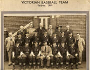 BASEBALL & LACROSSE: Victorian Baseball Team - team photographs for 1946 & 1947 (including Neil Harvey & Jack Ellis); few press clippings; plus Victorian Lacrosse Association premiership badges for 1925, 1926 & 1929. Fair/Good condition. Ex cricketer Jack