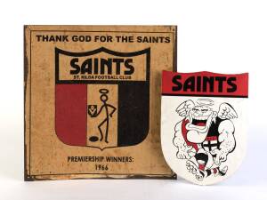 ST.KILDA: c1970s-90s fan's collection, noted signs (2); footballs (9) with one signed by Nicky Winmar; signed displays (4) including Robert Harvey; flags (12); 1966 Premiership display; drinks tray.