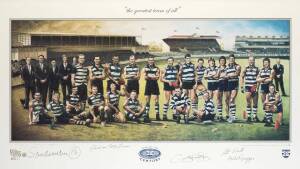 GEELONG: "Team of the Century" print by Jamie Cooper, with 4 signatures in lower margin including John "Sam" Newman, Graham "Polly" Farmer & Bill Goggin, limited edition 83/350, framed & glazed, overall 111x69cm.