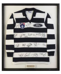 GEELONG: Geelong jumper signed by 2001 team, with 17 signatures, framed & glazed, overall 81x94cm.