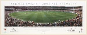 SYDNEY SWANS: "Sydney Swans - 2005 AFL Premiers" print signed by Barry Hall & Paul Roos, window mounted, framed & glazed, overall 107x52cm. With CoA.