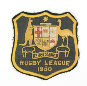 CLIVE CHURCHILL'S AUSTRALIAN RUGBY LEAGUE BADGE, with Australian Coat-of-Arms and "Australia/ Rugby League/ 1950". [Clive Churchill is considered one of the game's best ever players, retiring as the most capped Kangaroos player with 37 matches 1947-56. Th