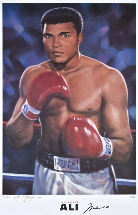 MUHAMMAD ALI: Print "Muhammad Ali" by Mark Sofilas, signed by Muhammad Ali and the artist and numbered 64/250, size 59x89cm. With 'Online Authentics' No.OA-7201601.