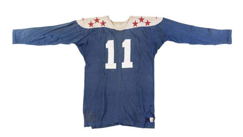 AMERICAN ALL STARS RUGBY LEAGUE JERSEY, from 1953 tour to Australia & NZ, blue with white shoulders decorated with red stars, number "11" on front & reverse. Good match-used condition. [In 1953 Mike Dimitro, a wrestling promoter, was asked to organise a t