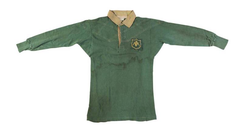 SOUTH AFRICAN RUGBY LEAGUE JERSEY, green with Springboks badge on left breast, number "8" on reverse, believed to be from the firtst tour to Australia & NZ in 1963. Good match-used condition.