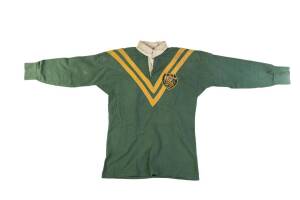 LLOYD WEIER'S 1965 AUSTRALIAN RUGBY LEAGUE JERSEY, with Australian Coat-of-Arms and "Australian/ Rugby League/ N.Z. Tour/ 1965" badge on breast, and with number "13" on reverse. Good match worn condition. [Lloyd Weier played 3 Tests 1965-66].