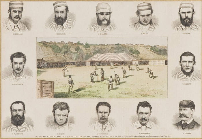 1878 1st AUSTRALIAN TEAM TO ENGLAND & NORTH AMERICA: Original engraving from 'Harper's Weekly', titled "The Cricket Match Between The Australians and the New Yorkers, with Portraits of the Australians", hand-coloured, window mounted, framed & glazed, over